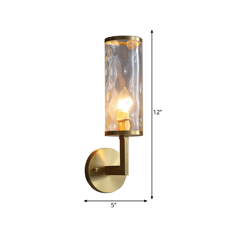 12"/16" Wide Cylindrical Sconce Lighting Modernist Clear Dimpled Glass 1 Bulb Brass Finish Wall Light