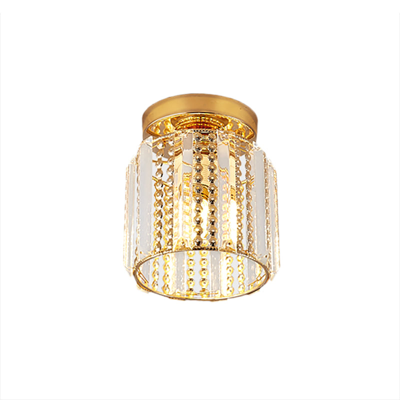 Cylindrical Crystal Mini Flush Lamp Simple 1 Light Golden Corridor Ceiling Mounted Light, 7" Wide