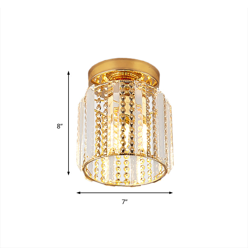 Cylindrical Crystal Mini Flush Lamp Simple 1 Light Golden Corridor Ceiling Mounted Light, 7" Wide