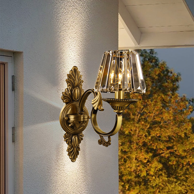 1 Bulb Porch Wall Lamp Contemporary Brass Finish Wall Lighting Fixture with Conical Clear Crystal Shade