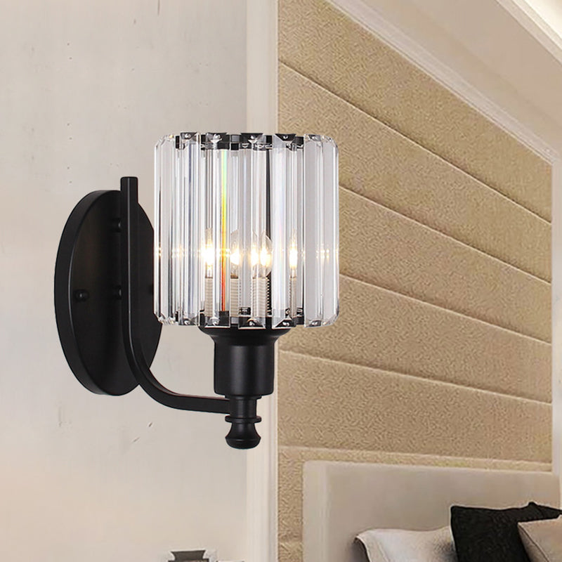 Modernist Cylinder Wall Light Clear Crystal 1 Head Bedroom Wall Mounted Light with Curved Arm in Black/Gold