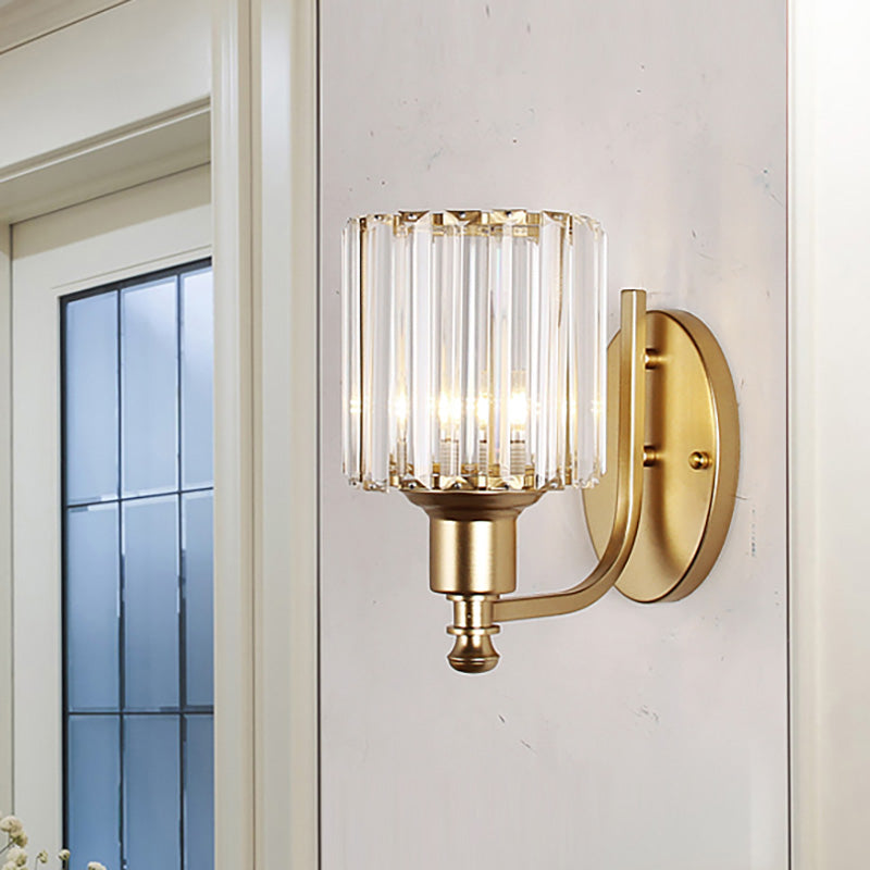 Modernist Cylinder Wall Light Clear Crystal 1 Head Bedroom Wall Mounted Light with Curved Arm in Black/Gold