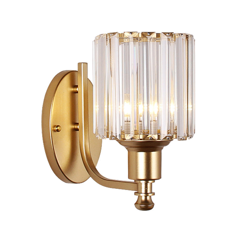 Cilíndrico modernista Muro de pared Cristal transparente 1 cabezal Luz de pared de dormitorio con brazo curvo en negro/dorado