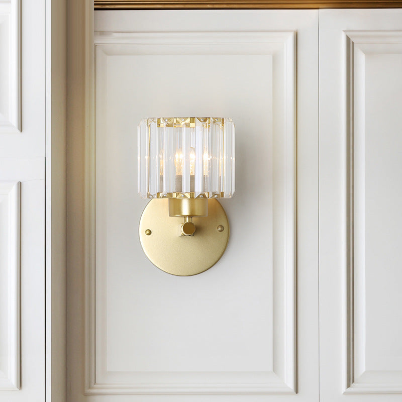 Gold Cylinder Sconce Light Fixture Modernism 1 Light Crystal Wall Mounted Lighting