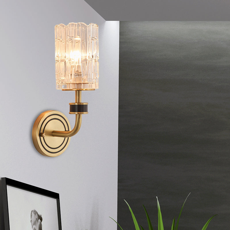 Crystal Cylinder Wall Sconce Retro 1 Light Brass Sconce Light Fixture for Living Room