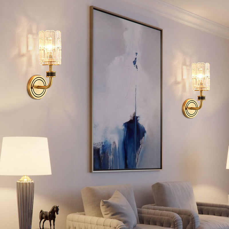 Crystal Cylinder Wall Sconce Retro 1 Light Brass Sconce Light Fixture for Living Room