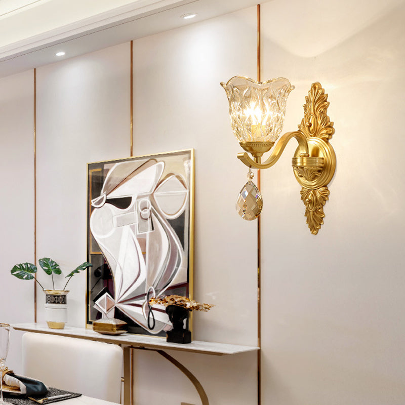Crystal Flower Wall Mounted Lamp Retro 1 Light Gold Flush Wall Sconce for Living Room