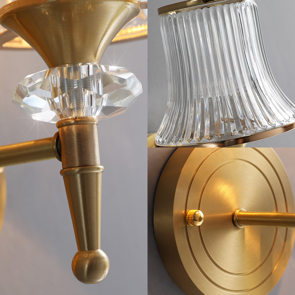 Lampada montata a costine di cristallo a muro a muro di metà secolo 1/2 luci in ottone a filo con soggiorno per soggiorno
