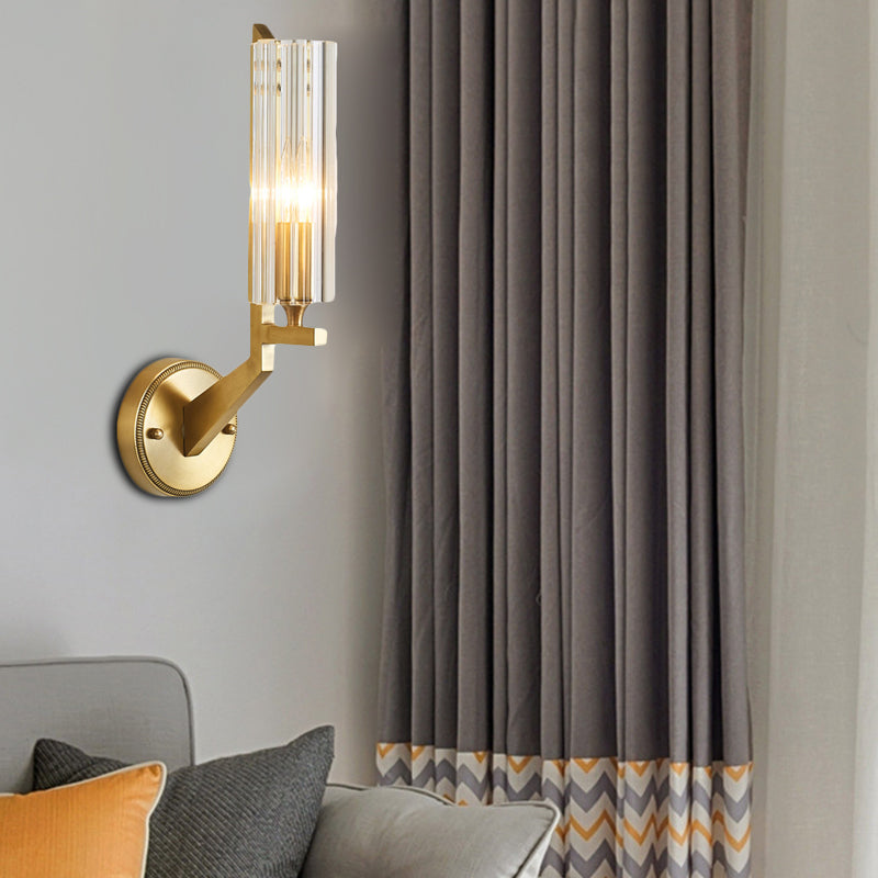 Crystal Tube/Cup/Flat Wall Mounted Lamp Minimalism 1 Light Brass Flush Wall Sconce for Bedside