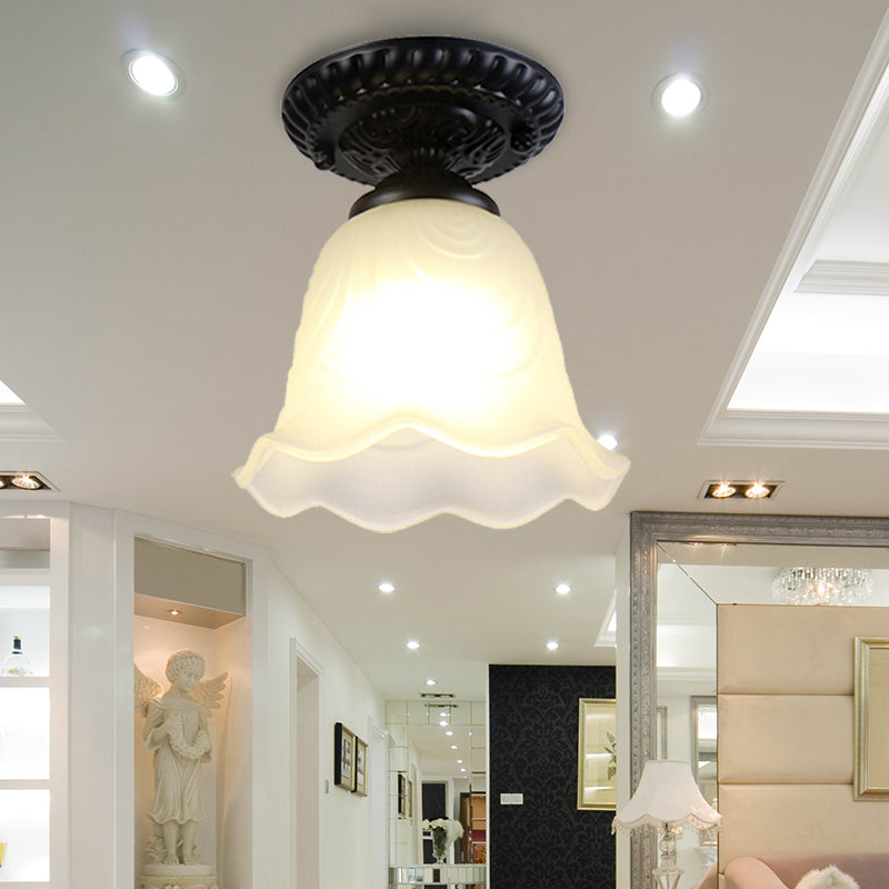 Flared Living Room Flush Mount Lamp Classical White Glass 1 Light Black Ceiling Lighting