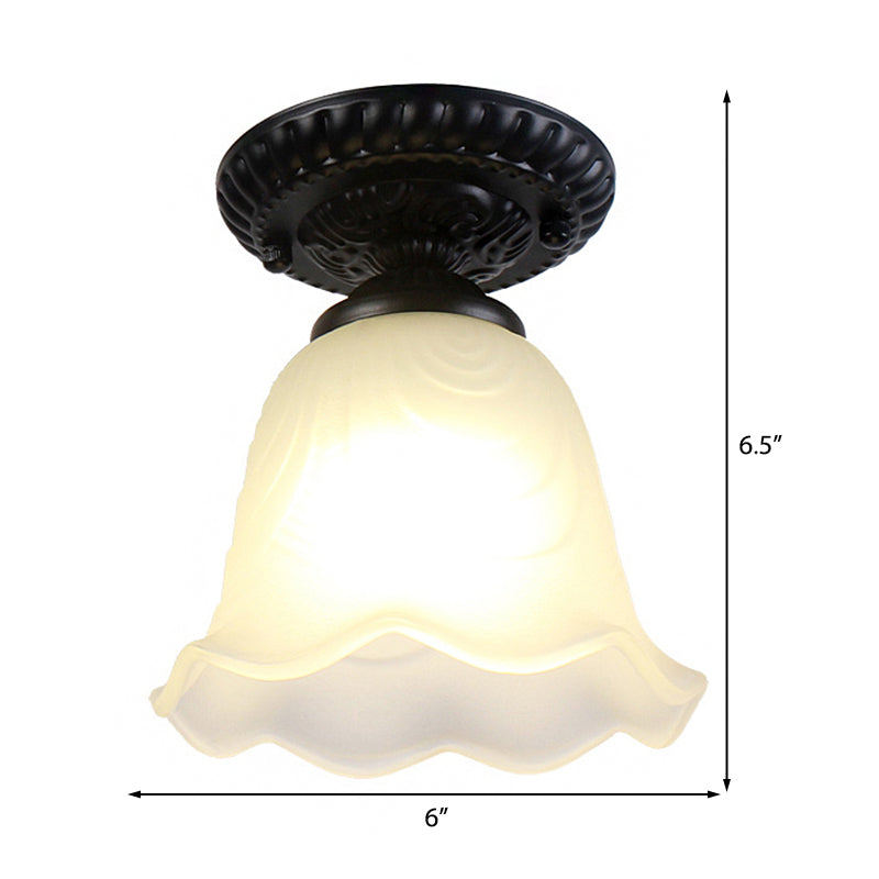 Flared Living Room Flush Mount Lamp Classical White Glass 1 Light Black Ceiling Lighting