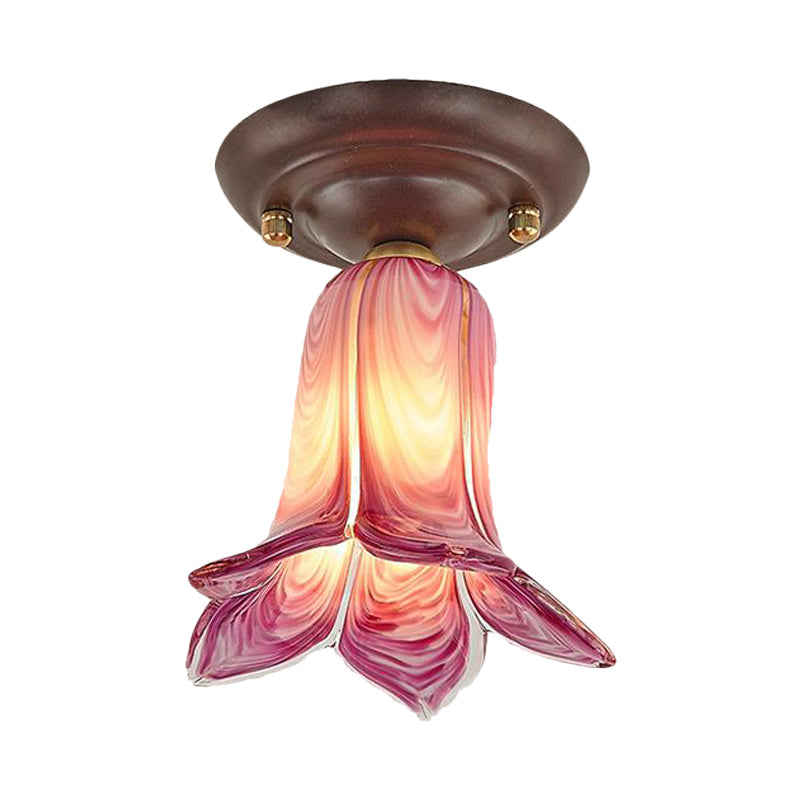 Flower Shaped White/Yellow/Purple Glass Flush Fixture Traditional 1 Light Living Room Ceiling Light Fixture
