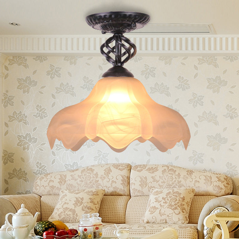 1 Light Semi Flush Mount Traditional Scalloped Frosted Glass Ceiling Light in Black/White for Bedroom