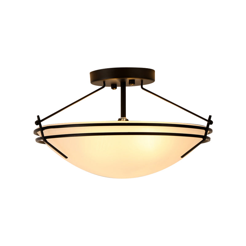 Bowl Frosted Glass Semi Flush Traditional 3 Lights Corridor Ceiling Light Fixture in Black