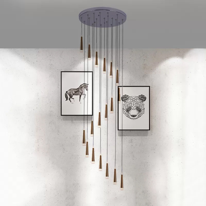 Gold Cone Hanging Light Fixture Minimalist Acrylic 19 Bulbs Stair Multi Lamp Pendant with Spiral Design