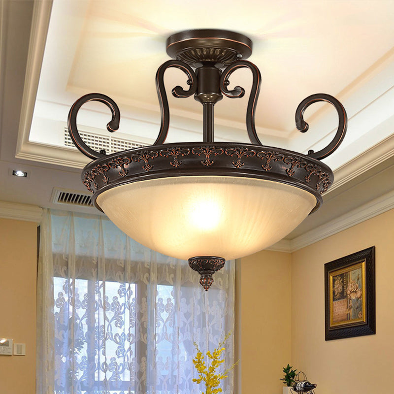 3 Lights Corridor Ceiling Lamp Traditional Brown Semi Flush with Bowl Frosted Glass Shade