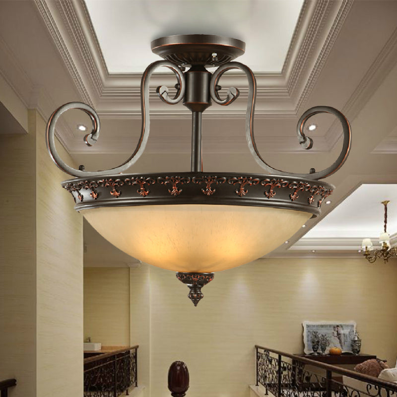 3 Lights Corridor Ceiling Lamp Traditional Brown Semi Flush with Bowl Frosted Glass Shade