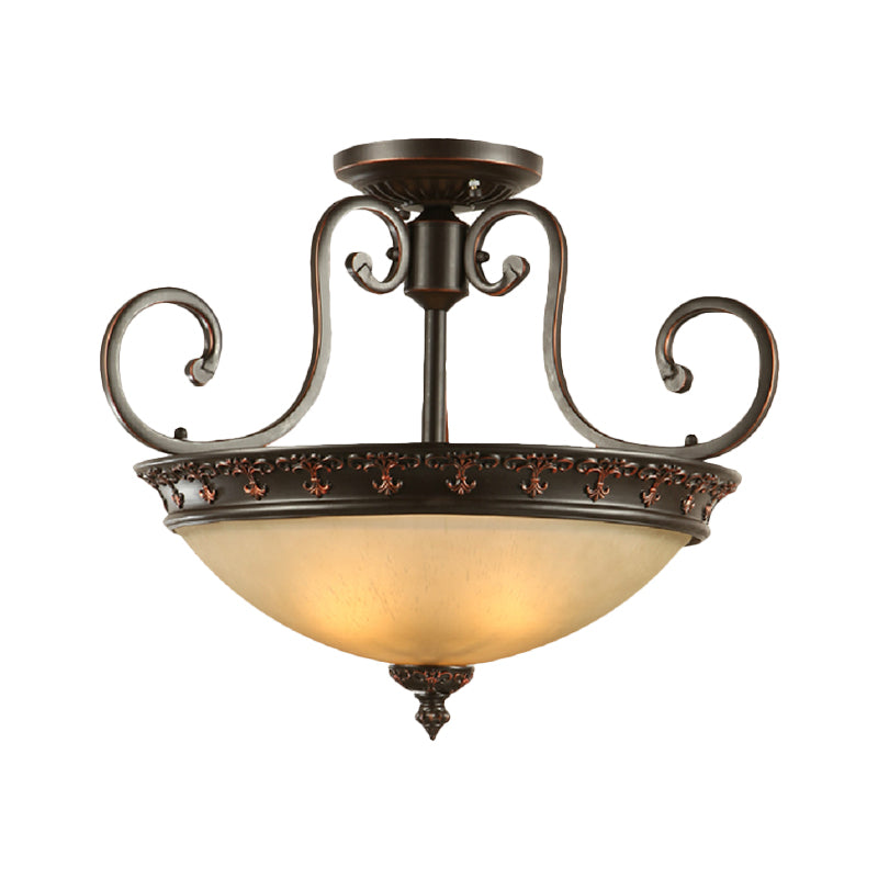 3 Lights Corridor Ceiling Lamp Traditional Brown Semi Flush with Bowl Frosted Glass Shade