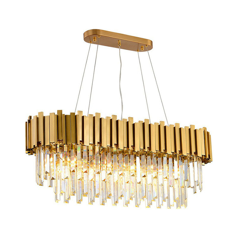 Postmodern Oval Hanging Light Prismatic Crystal 5 Heads Dining Room Island Ceiling Light in Gold
