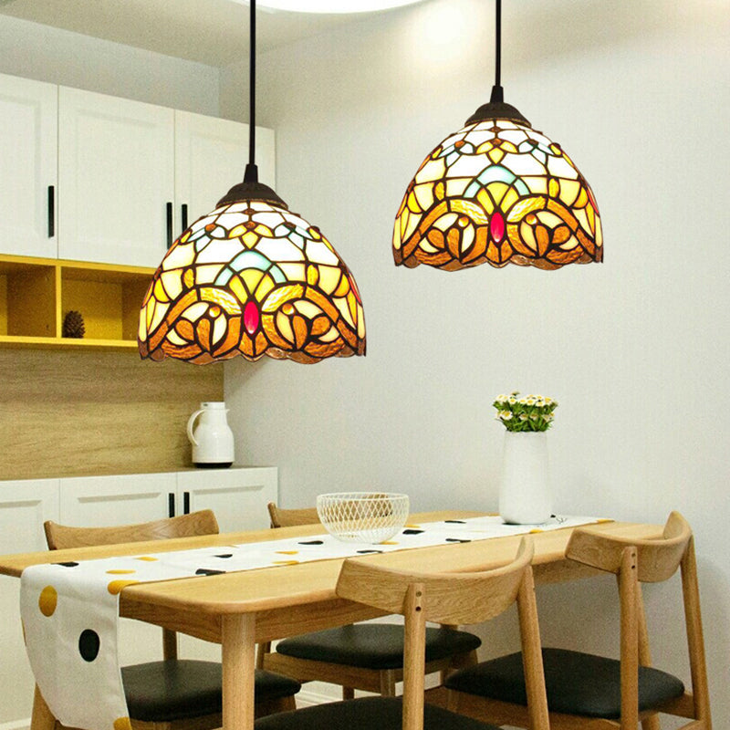 Beige 1 Head Suspension Light Antique Stained Glass Flower Shade Pendant Lighting Fixture