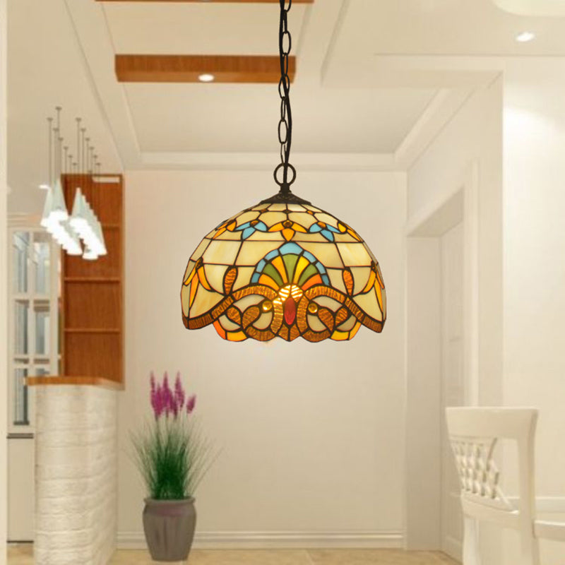 Beige 1 Head Suspension Light Antique Stained Glass Flower Shade Pendant Lighting Fixture
