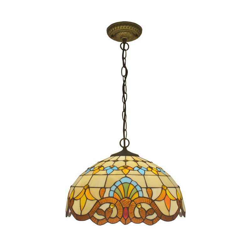 Beige 1 Head Suspension Light Antique Stained Glass Flower Shade Pendant Lighting Fixture