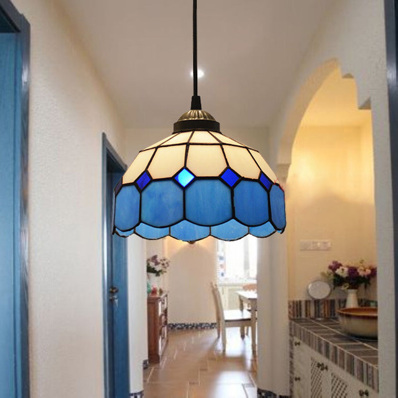 Blue Scalloped Suspension Light Tiffany Style Single-Bulb Gridded Glass Hanging Pendant Light