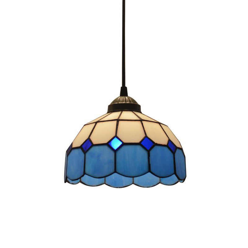 Blue Scalloped Suspension Light Tiffany Style Single-Bulb Gridded Glass Hanging Pendant Light