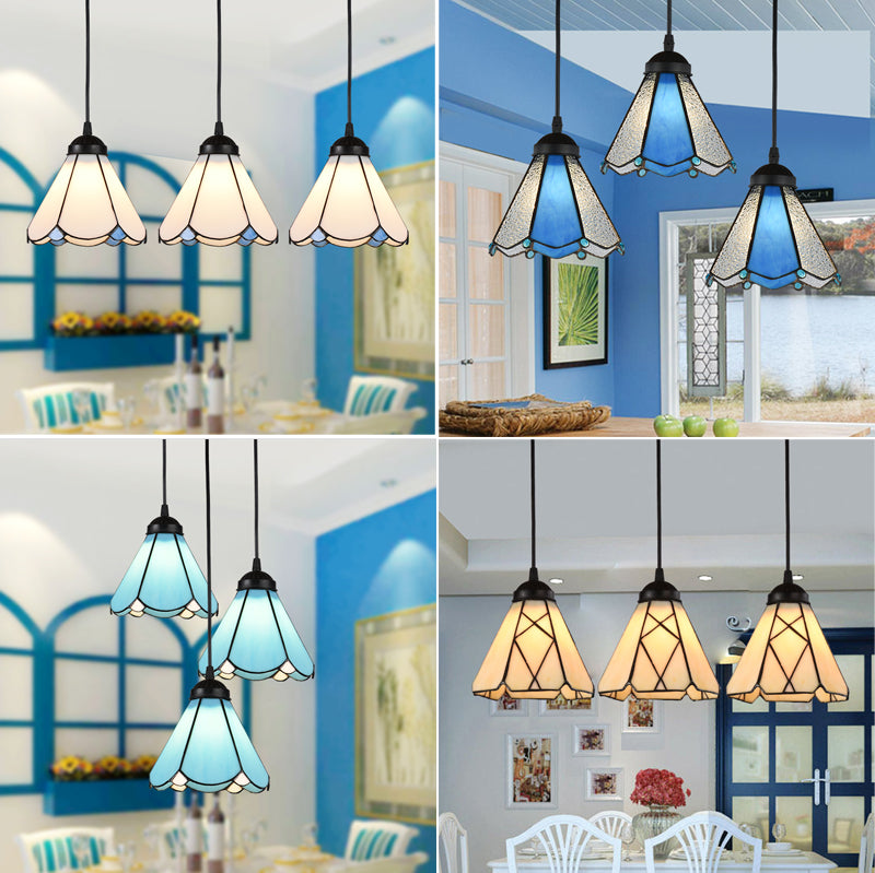 Cone Multi Ceiling Light 3 Bulbs White Glass Tiffany Style Suspension Lighting with Scalloped Edge
