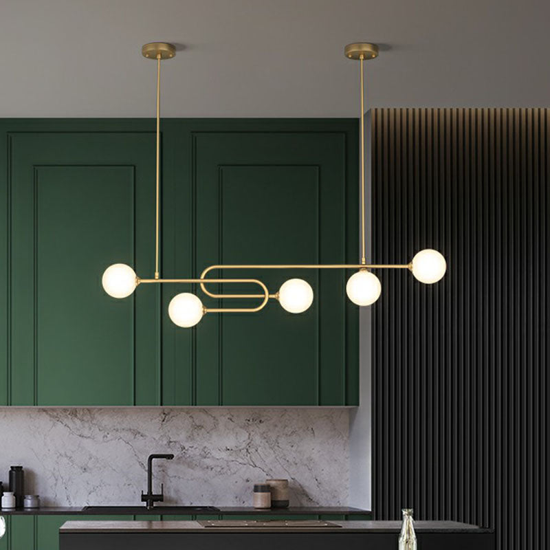 Minimalist U-Shaped Suspension Light Metal Dining Room Island Light with Ball Milky Glass Shade in Gold