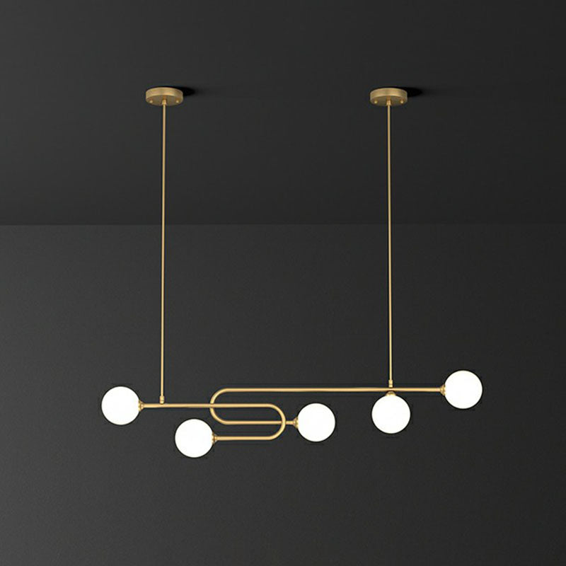 Minimalist U-Shaped Suspension Light Metal Dining Room Island Light with Ball Milky Glass Shade in Gold