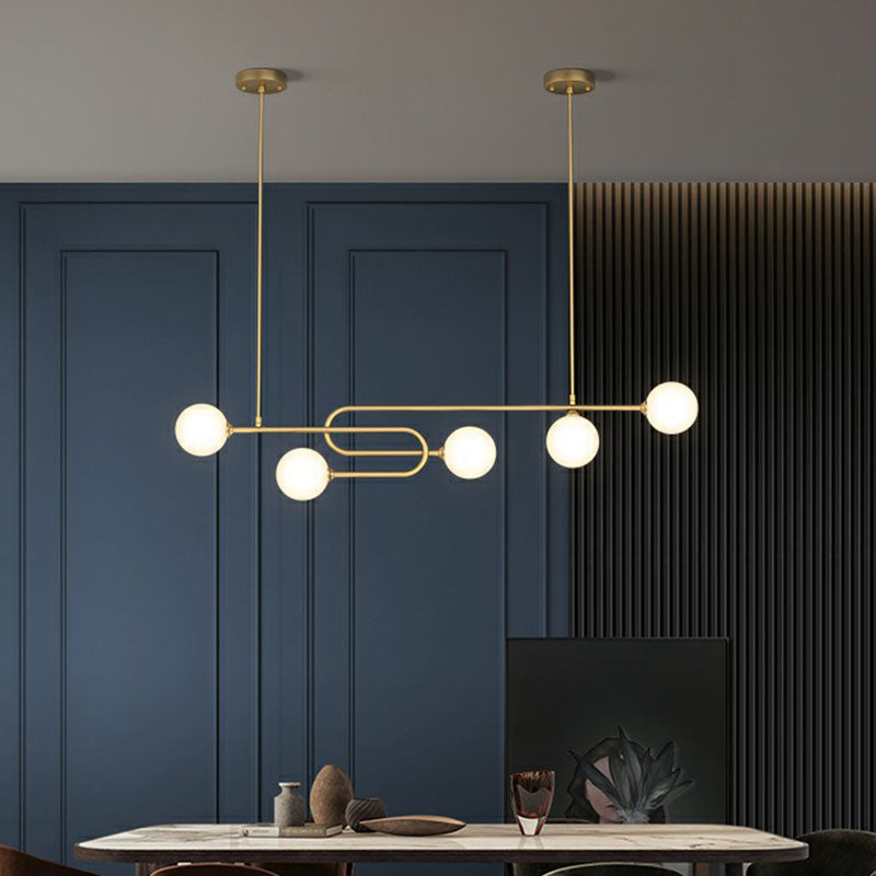 Minimalist U-Shaped Suspension Light Metal Dining Room Island Light with Ball Milky Glass Shade in Gold