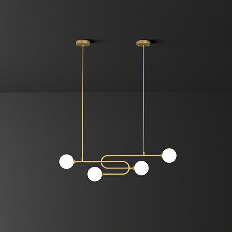 Minimalist U-Shaped Suspension Light Metal Dining Room Island Light with Ball Milky Glass Shade in Gold