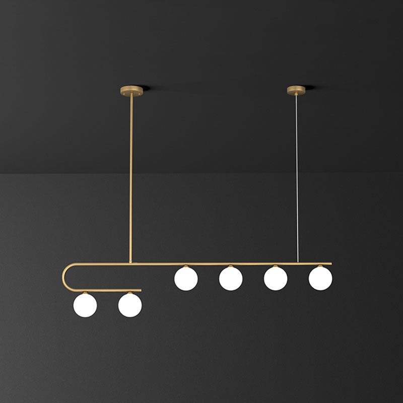 Linear Restaurant Island Pendant Light Ivory Ball Glass Postmodern LED Hanging Lamp in Gold