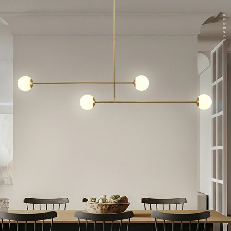 Gold Finish Parallel Pendant Light Minimalistic 4-Bulb Metallic Island Lamp with Ball Opal Glass Shade