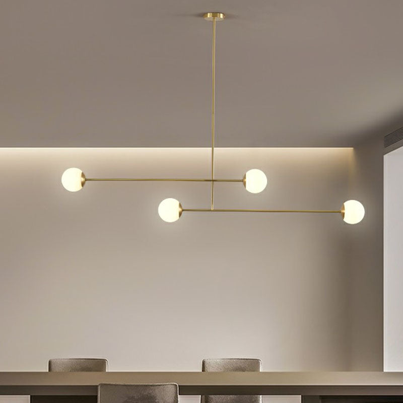 Gold Finish Parallel Pendant Light Minimalistic 4-Bulb Metallic Island Lamp with Ball Opal Glass Shade