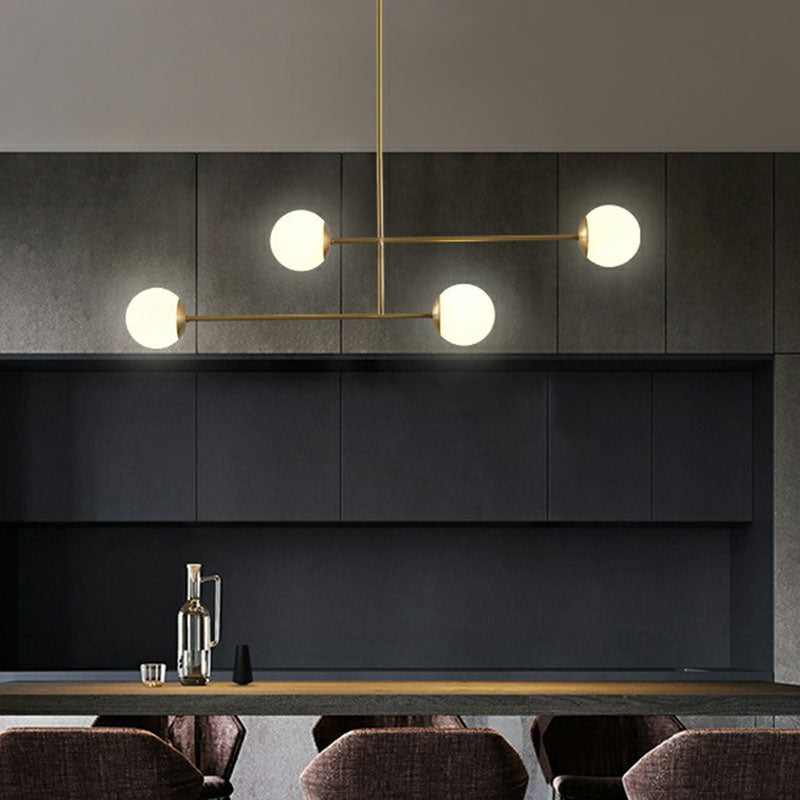 Gold Finish Parallel Pendant Light Minimalistic 4-Bulb Metallic Island Lamp with Ball Opal Glass Shade