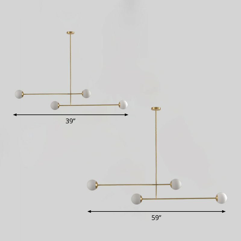 Gold Finish Parallel Pendant Light Minimalistic 4-Bulb Metallic Island Lamp with Ball Opal Glass Shade