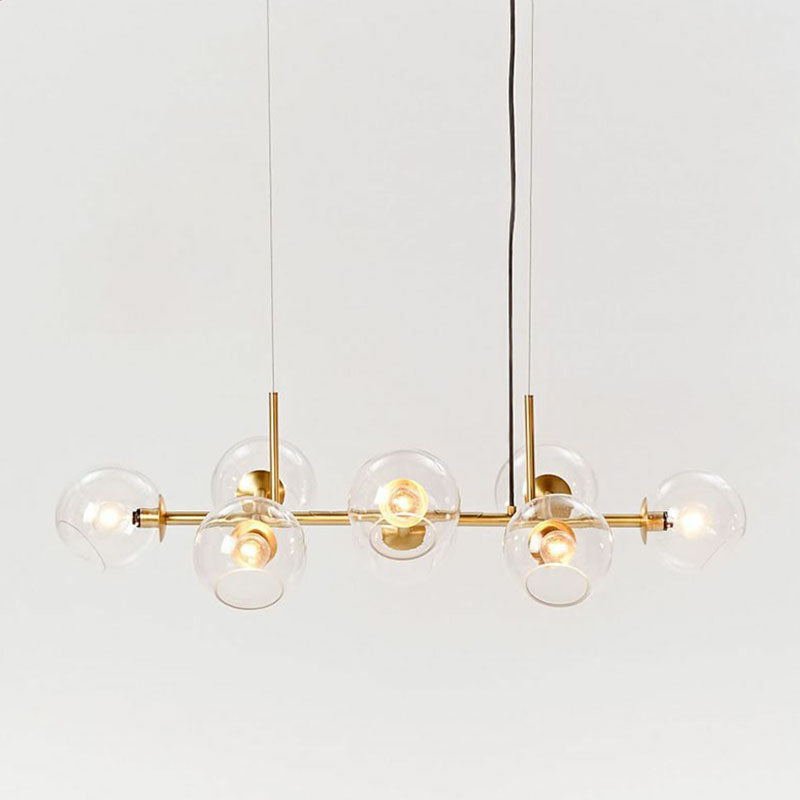8-Light Dining Room Suspension Lighting Postmodern Brass Island Light with Dome Glass Shade