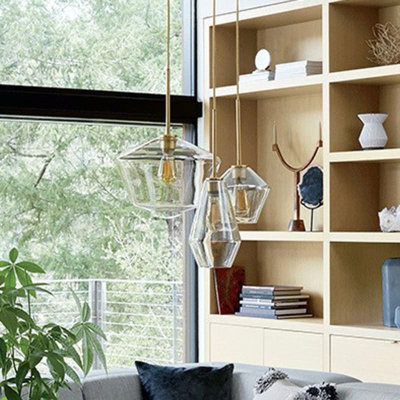 Gemstone Glass Hanging Light Fixture Postmodern 3-Head Brass Finish Cluster Pendant Light
