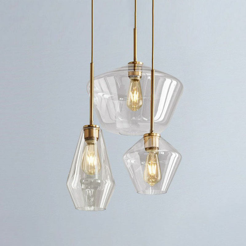 Gemstone Glass Hanging Light Fixture Postmodern 3-Head Brass Finish Cluster Pendant Light