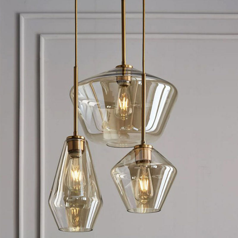 Gold Diamond Shaped Multi-Pendant Postmodern 3 Bulbs Blown Glass Hanging Ceiling Light