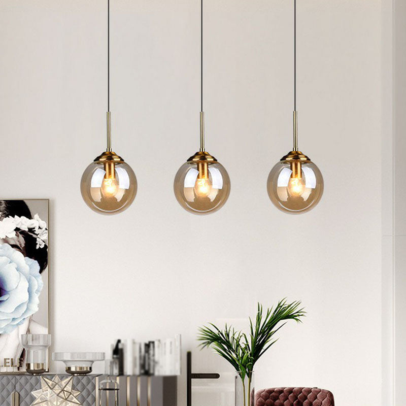 Minimalistic Spherical Multi Ceiling Light Glass 3-Bulb Dining Room Suspension Pendant in Brass