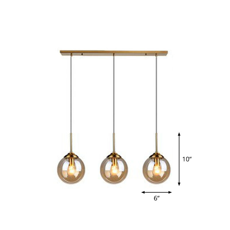Minimalistic Spherical Multi Ceiling Light Glass 3-Bulb Dining Room Suspension Pendant in Brass