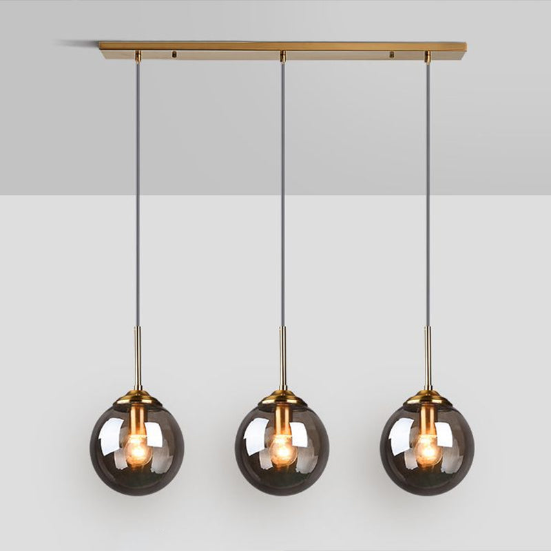 Minimalistic Spherical Multi Ceiling Light Glass 3-Bulb Dining Room Suspension Pendant in Brass