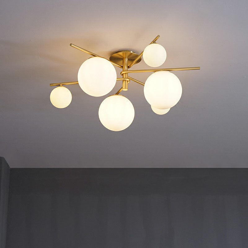 Simplicity 6-Light Semi Flush Mount Lamp Gold Sputnik Ceiling Light with Ball White Glass Shade