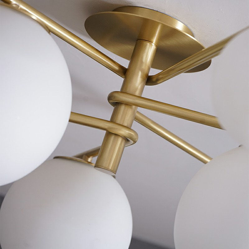 Simplicity 6-Light Semi Flush Mount Lamp Gold Sputnik Ceiling Light with Ball White Glass Shade