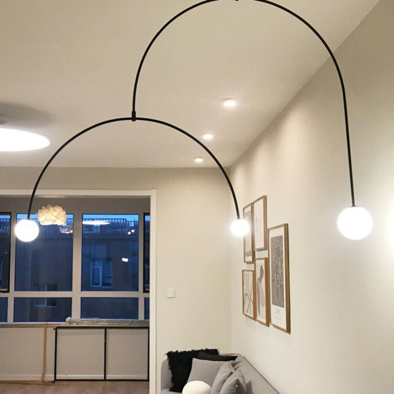 Simplicity 3 Lights Chandelier Black Arched Pendant Lamp with Ball White Glass Shade