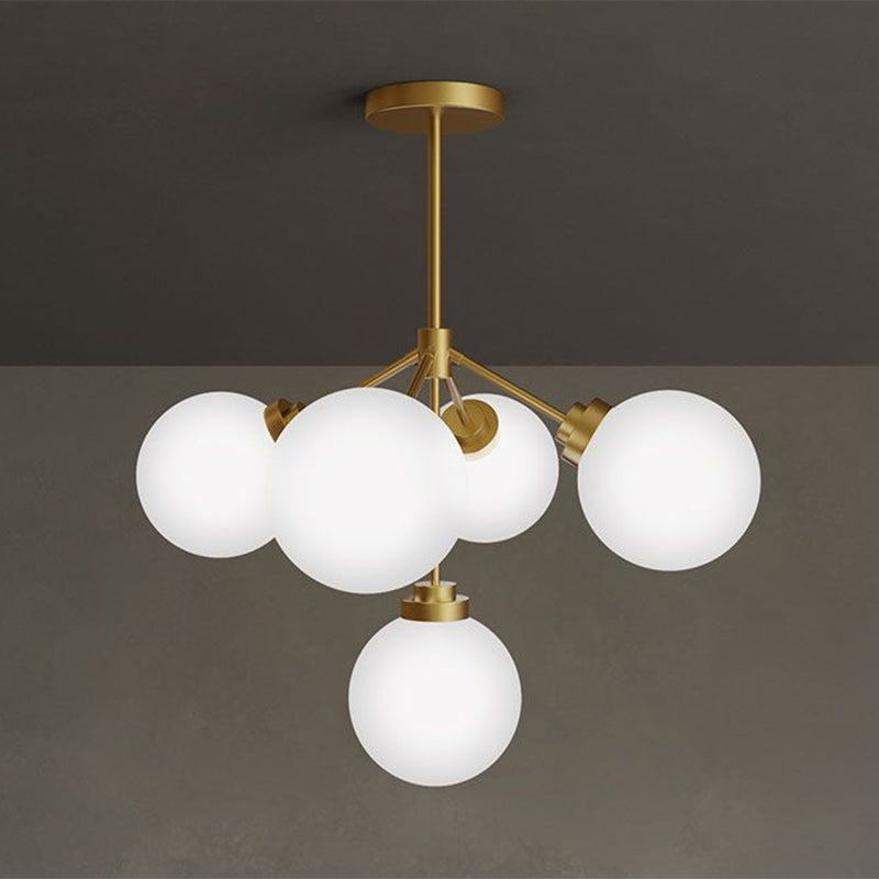 Ball Dining Room Chandelier Light Opal Glass 5-Bulb Minimalist Hanging Lamp in Gold