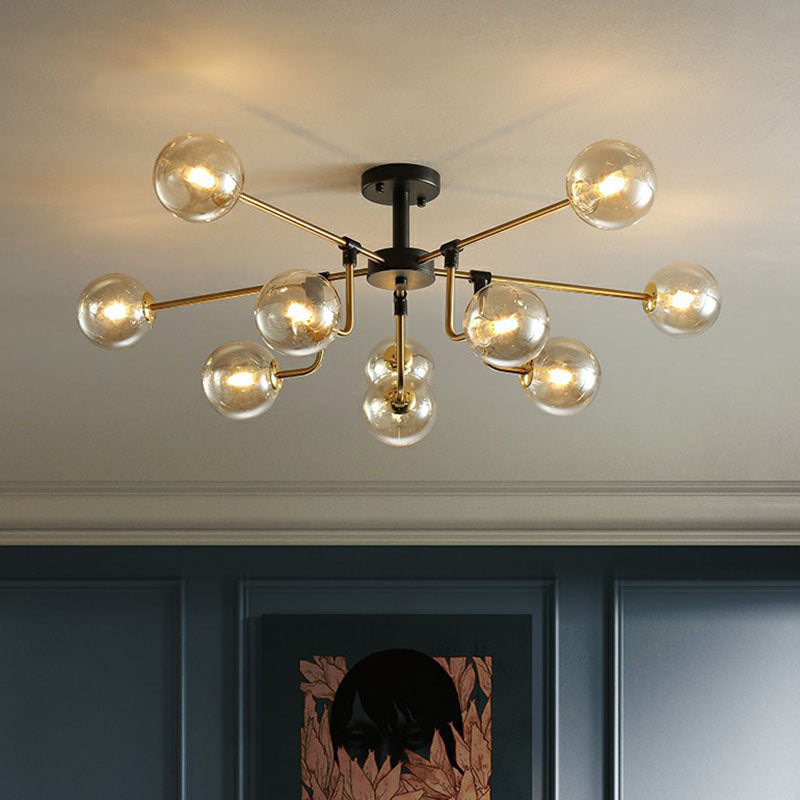Postmodern 10-Light Chandelier Black and Brass Radial Pendant Light with Ball Glass Shade